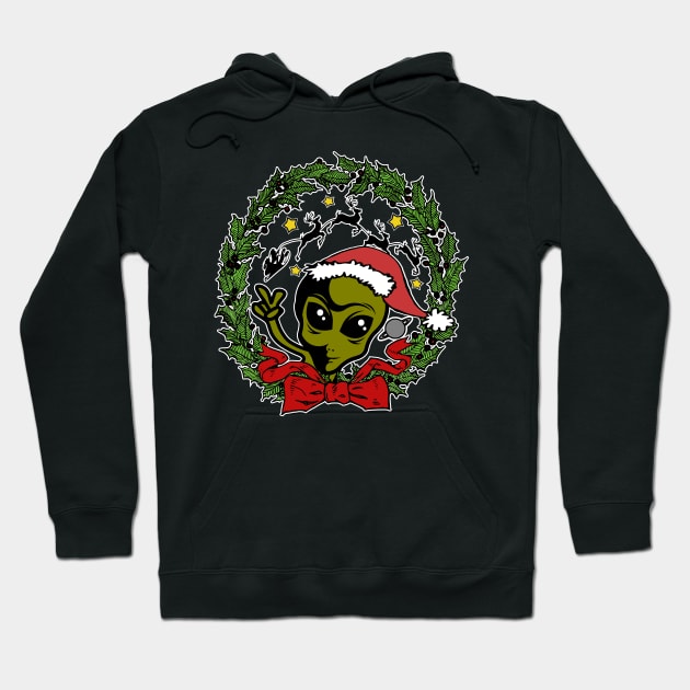 Alien UFO Santa Hat Christmas Holly Wreath Hoodie by Redmanrooster